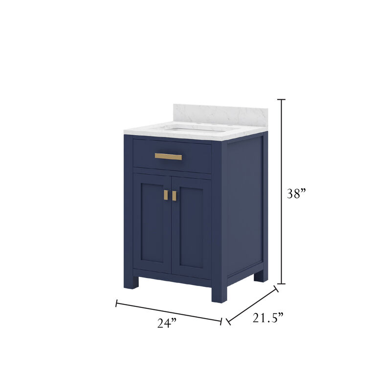 Madison 24 In. Single Sink Carrara White Marble Countertop Bath Vanity In Monarch Blue with Satin Gold Hardware