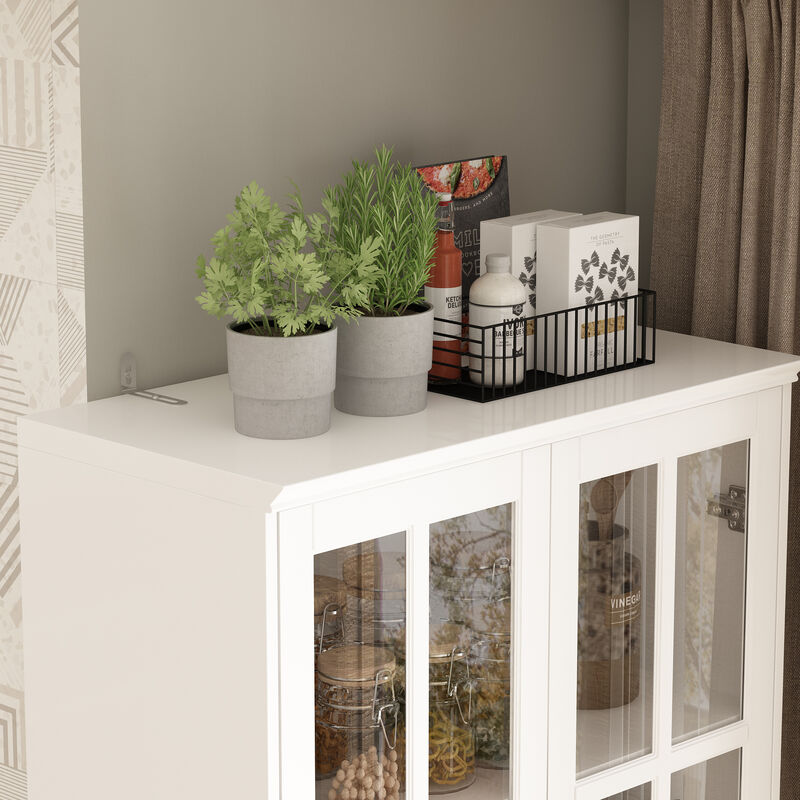 White Wooden MDF ( 31.5 in. W) Sideboard, Accent Storage Cabinet, Food Pantry with 4 Tempered Glass Doors and 5 Shelves