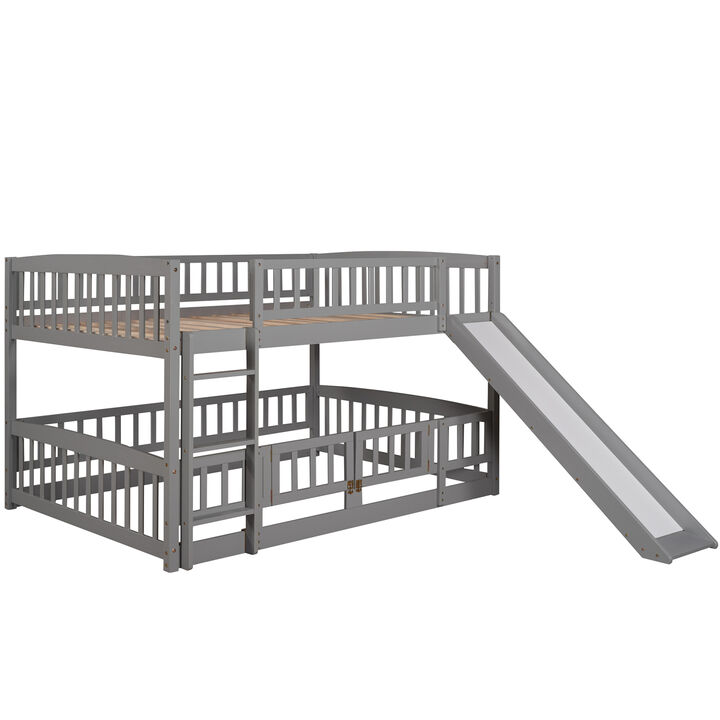 Bunk Bed With Slide, Full Over Full Low Bunk Bed With Fence And Ladder For Toddler Kids Teens