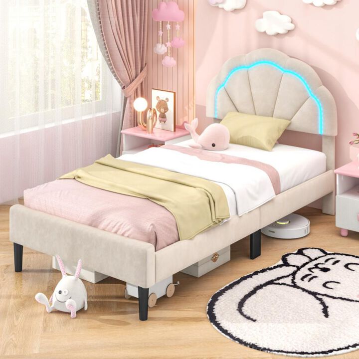 Hivvago Upholstered LED Bed Frame with Adjustable Flower Headboard and Metal Support Feet