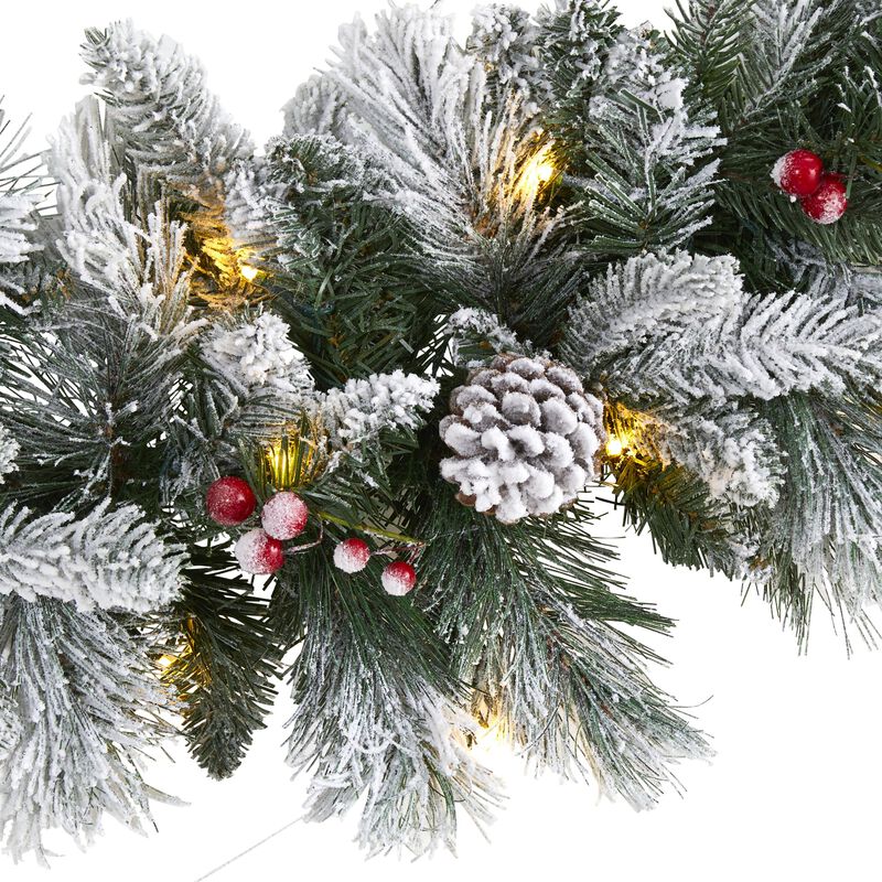 Hivvago 6" Flocked Mixed Pine Artificial Christmas Garland with 50 LED Lights, Pine Cones and Berries