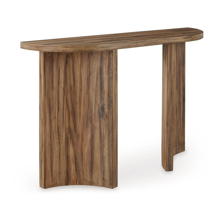 Anny Sofa Console Table, Curved Plinth Base, 52 Inch Brown Oak Wood - Benzara