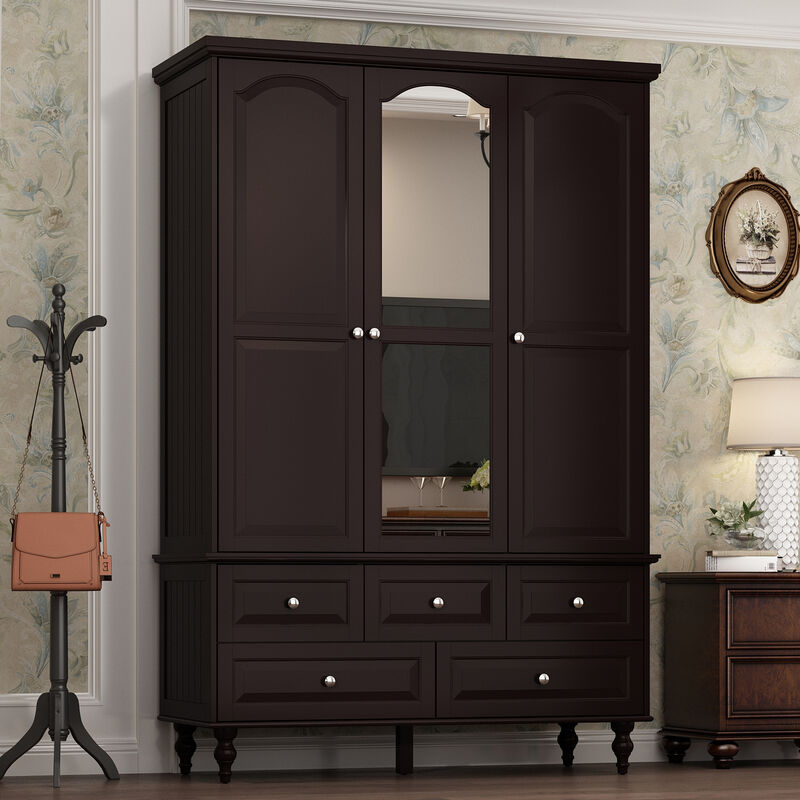Black Paint 47.2 in. W Big Wardrobe Armoires W/Mirror, Hanging Rod, Drawers, Adjustable Shelves 70.9 in. H x 20 in. D
