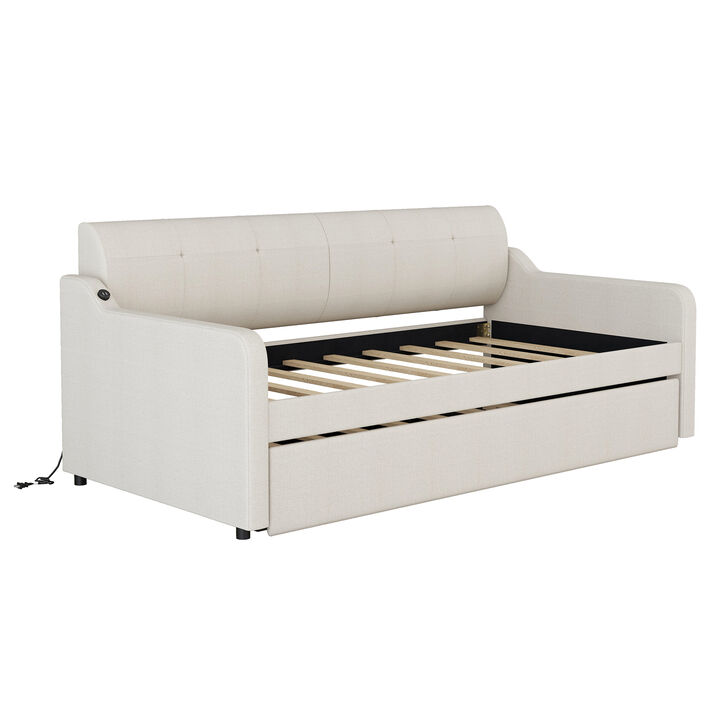 Merax Upholstery Daybed with Trundle and USB Charging Design