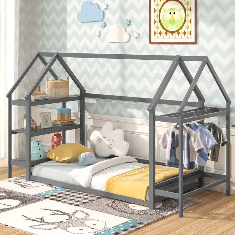 Montessori Floor House Bed with Detachable Storage Shelves