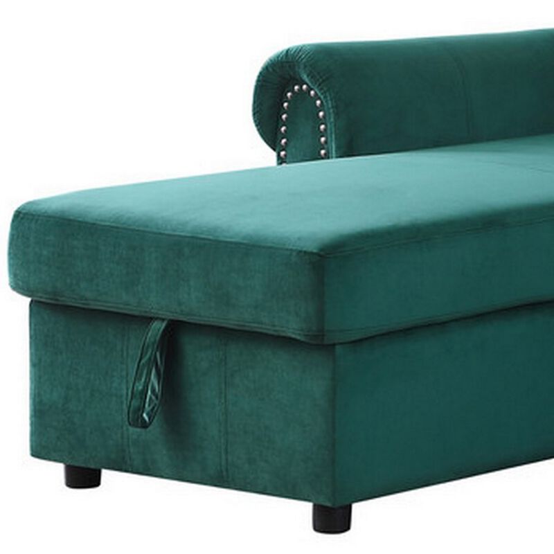 Irma 97 Inch 2 Piece Sectional Sofa, Pull Out Bed, Rolled Arm, Green Velvet-Benzara