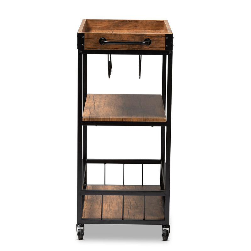 Baxton Studio Cerne Rustic Oak Brown Mobile Metal Bar Cart with Wine Bottle Rack