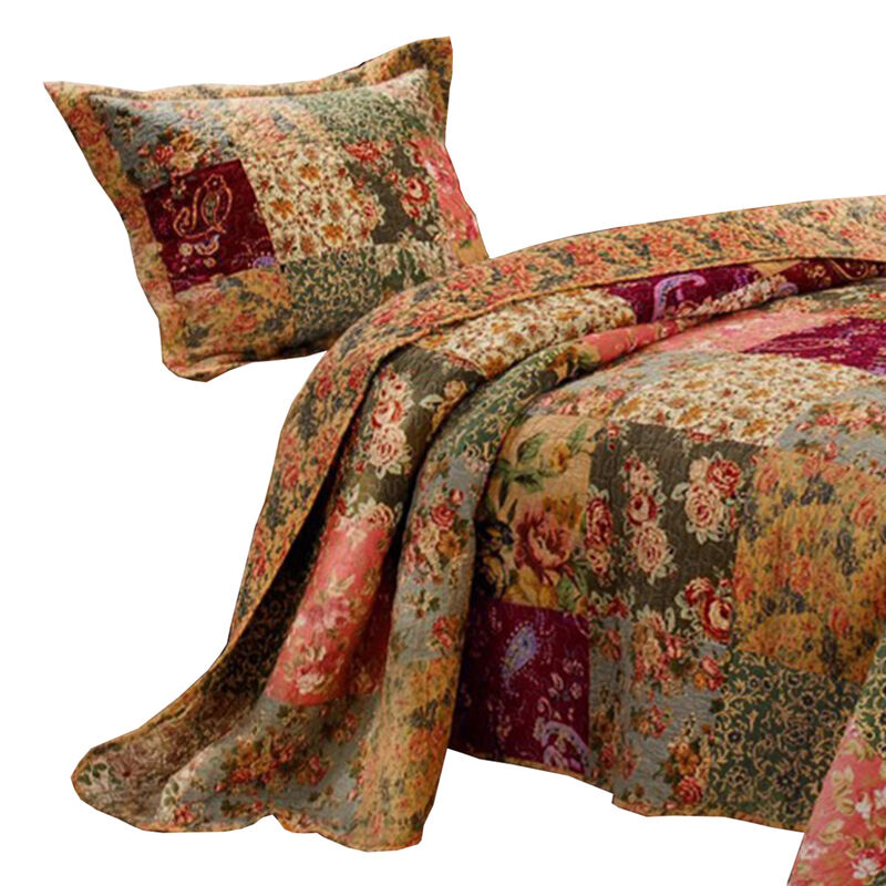 Kamet 2 Piece Fabric Twin Size Quilt Set with Floral Prints, Multicolor - Benzara