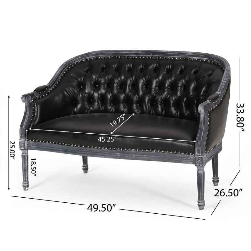 Sofa, 50 Inch, Button Tufted Design, Birch Wood, Black Faux Leather - Benzara