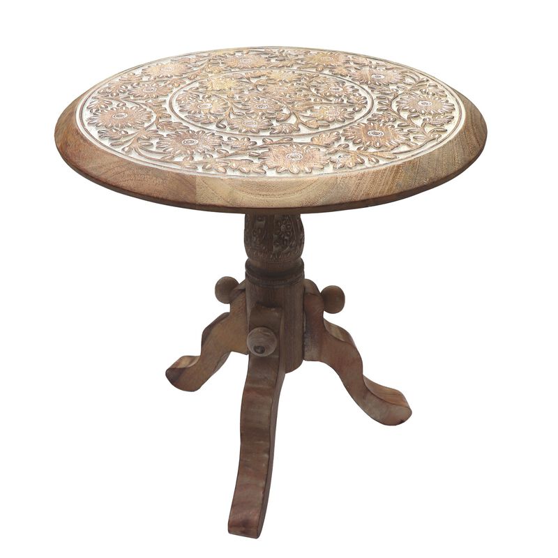 Intricately Carved Round Top Mango Wood Side End Table with Pedestal Base, Brown and White-Benzara