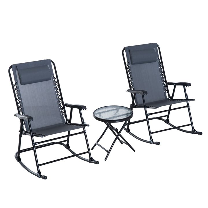 Grey Patio Chat Set: 3-Piece Folding Rocking Chairs with Glass Table