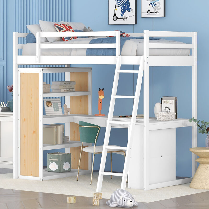 Twin Size Loft Bed With Ladder, Shelves, And Desk, White