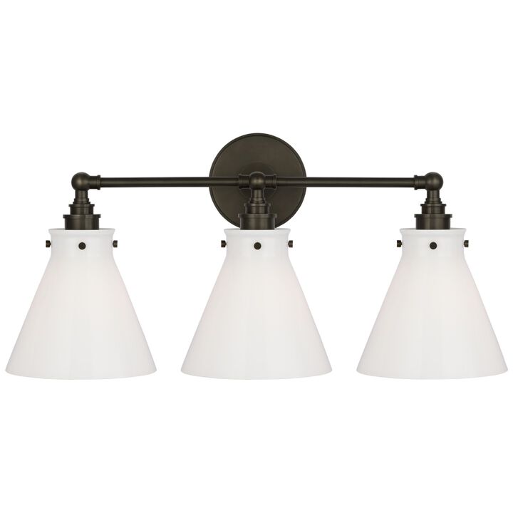 Parkington 24" Three Light Bath Bar in Bronze with White Glass