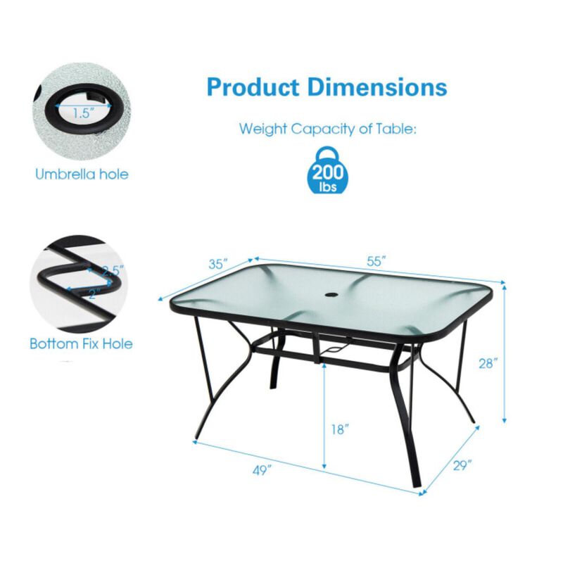 Hivvago 55 x 35 Inch Patio Dining Rectangle Tempered Glass Table with Umbrella Hole