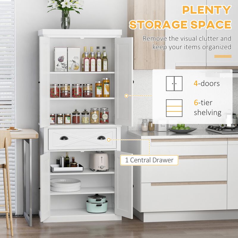 White Kitchen Organizer: Freestanding 4-Door 6-Tier Pantry