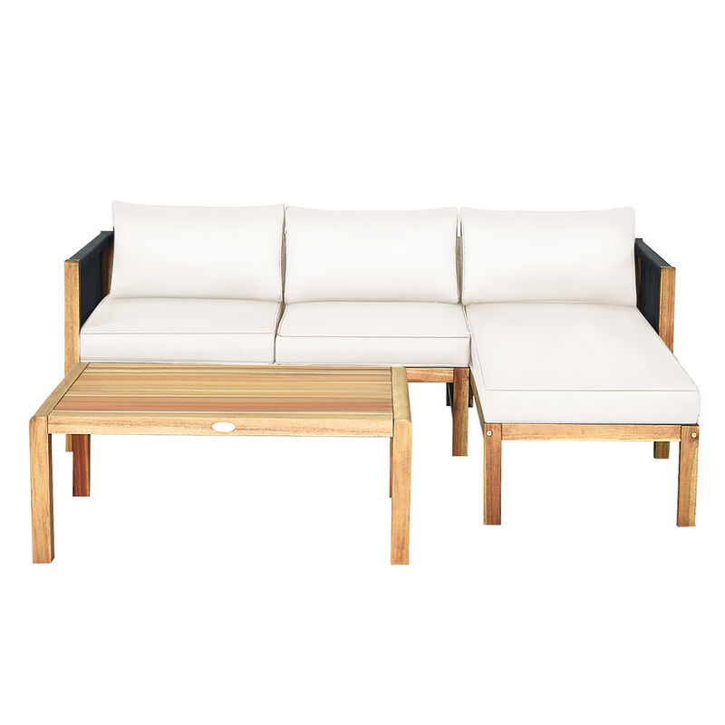 3 Pieces Patio Acacia Wood Sofa Conversation Sets with Nylon Rope Armrest