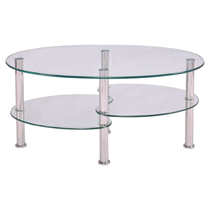 Hivvago Modern Oval Tempered Glass Coffee Table with Bottom Shelf