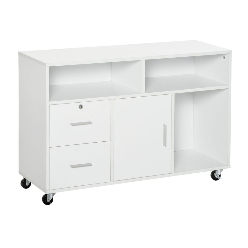 Wooden Media Rolling Storage Cabinet w/Shelves, Locking Drawer, Keys and Wheels