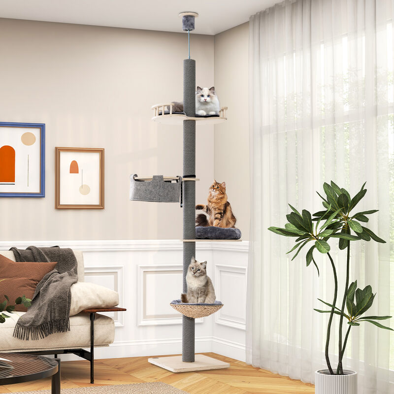 Floor to Ceiling Cat Tree with 93 Inch-107 Inch Adjustable Height-Grey