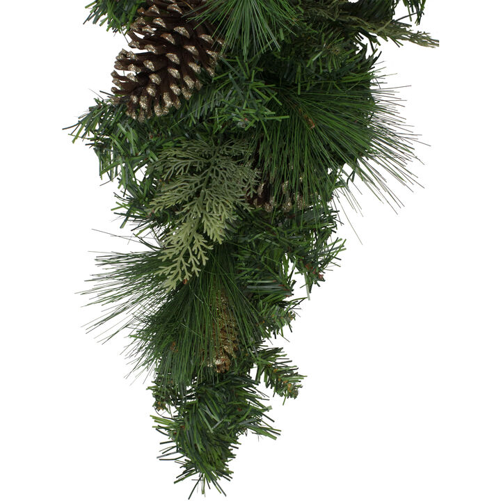 28" Artificial Mixed Pine with Pine Cones and Gold Glitter Christmas Teardrop Swag - Unlit