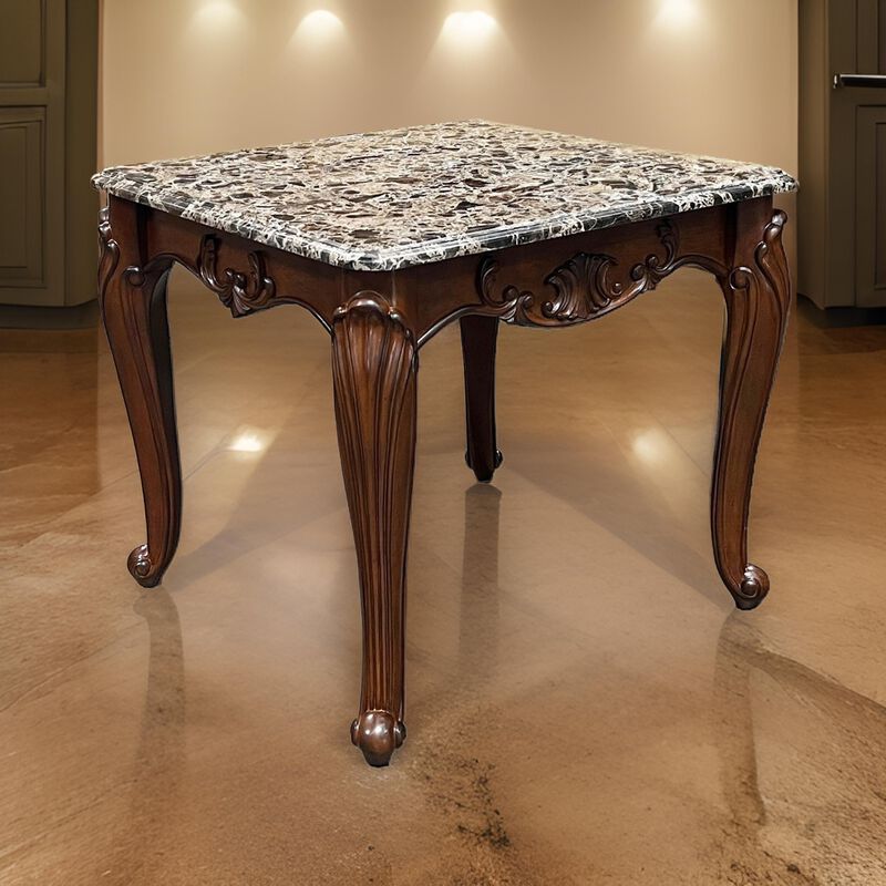 Aliya Side End Table, Rectangular 28 Inch Marble, Cherry Brown Wood - Benzara
