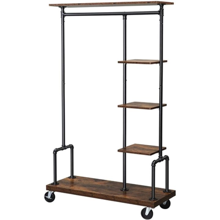 Hivvago Farmhouse 5 Tier Laundry Pipe Garment Closet Rack Wheels