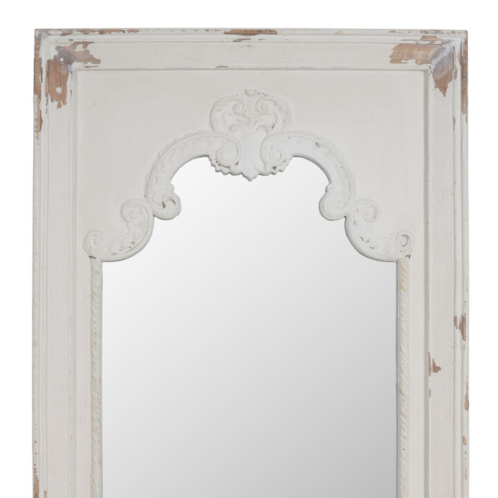 Wooden Rectangle Wall Mirror with Chipped Edges and Hook, White-Benzara