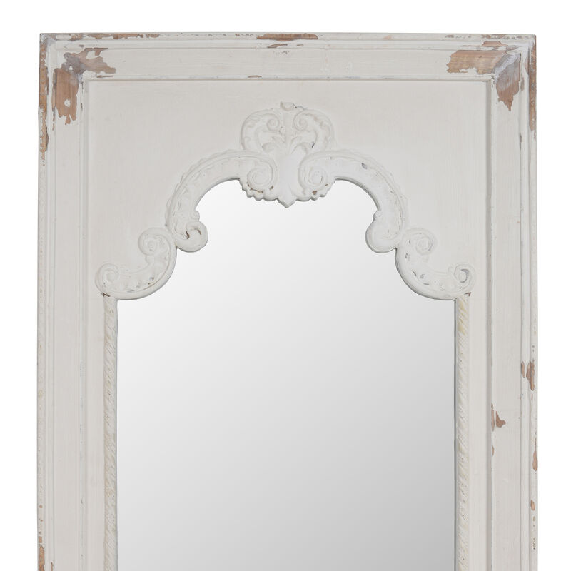 Wooden Rectangle Wall Mirror with Chipped Edges and Hook, White-Benzara