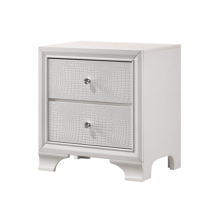 Nightstand with Textured Pattern and 2 Drawers, White-Benzara