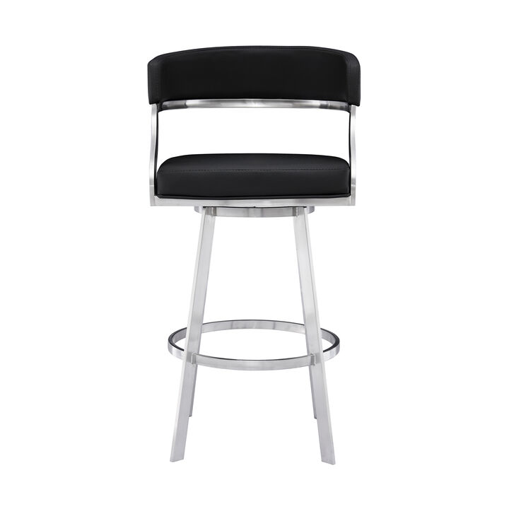 Ava 26 Inch Swivel Counter Stool Chair, Open Back Steel, Black Faux Leather - Benzara