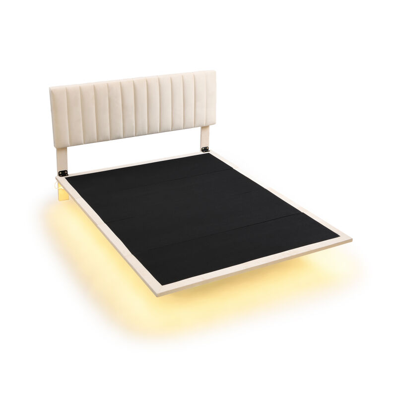 Queen Size Upholstered Bed With Sensor Light And Headboard, Floating Velvet Platform Bed