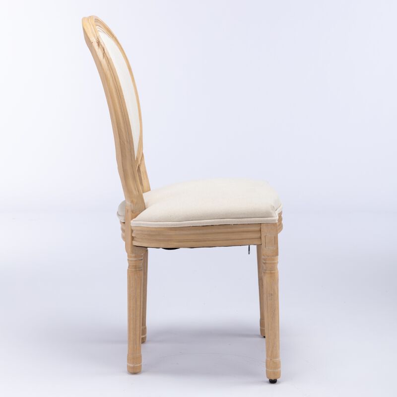 French Style Solid Wood Frame Antique Painting Linen Fabric Back Dining Chair, Set Of 2, Beige