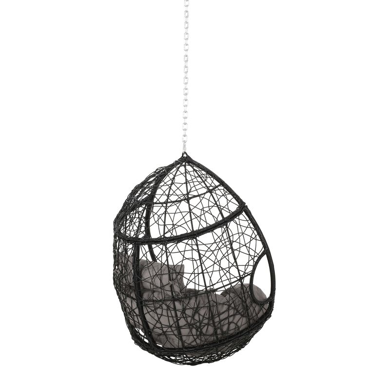Castic Outdoor Hanging Chair, 46 Inch Rattan Frame, Black Iron, Gray -Benzara