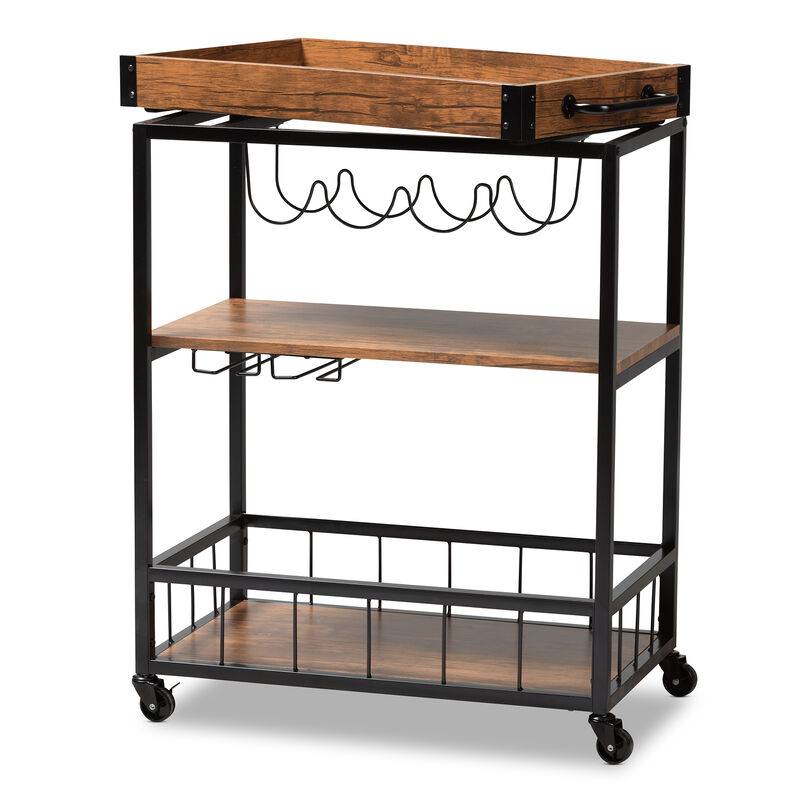 Baxton Studio Cerne Rustic Oak Brown Mobile Metal Bar Cart with Wine Bottle Rack