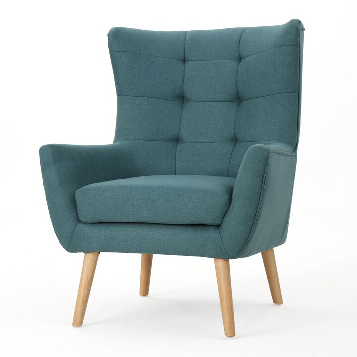 Ranie Accent Club Chair, Rubberwood Legs, Teal Button Tufted Polyester - Benzara
