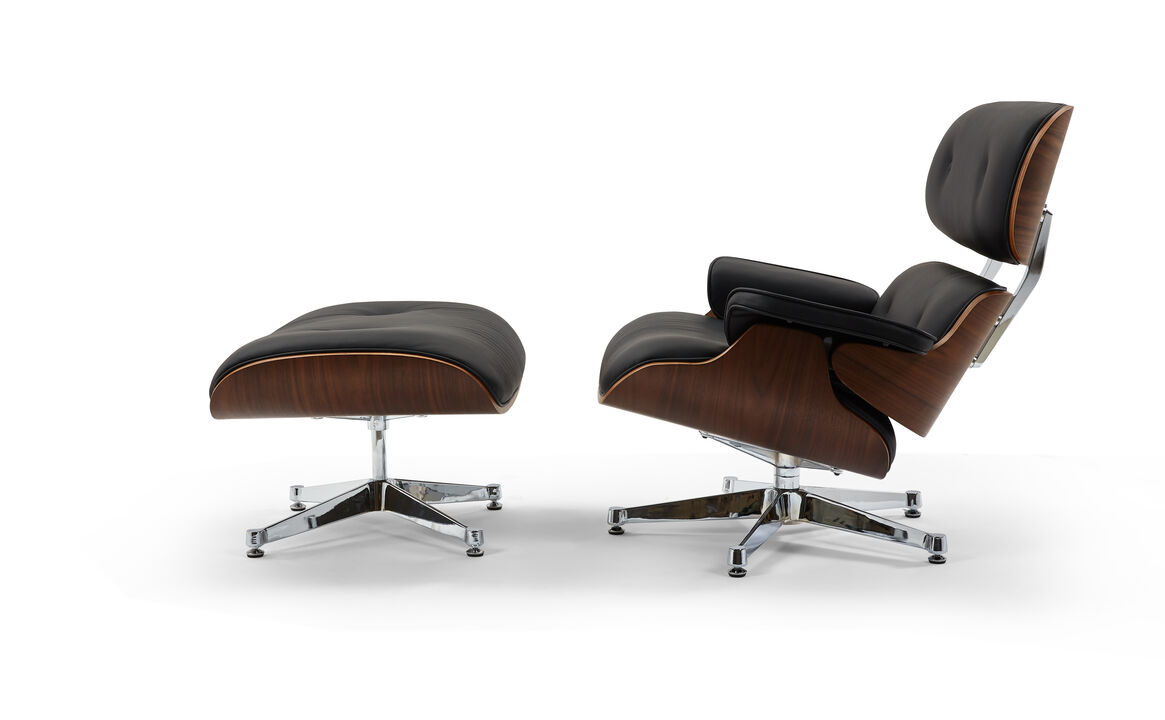 Pasargad Home Portfino Leather Lounge Chair with Ottoman (Black)