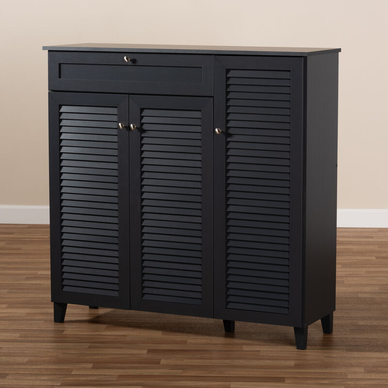 Baxton Studio Coolidge Dark Grey Finished 11 Shelf Wood Shoe Storage Cabinet With Drawer
