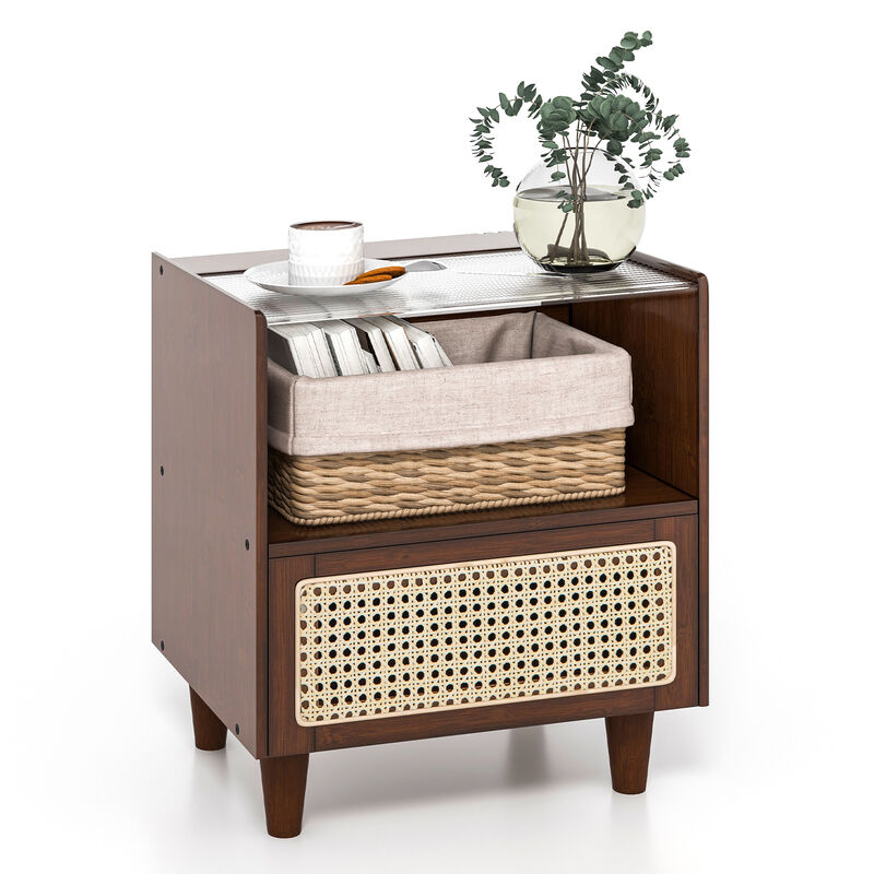 Set of 2 Bamboo Rattan Nightstand with Drawer and Solid Wood Legs
