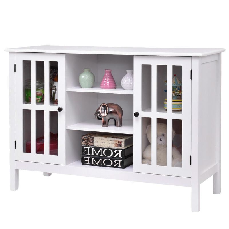 Hivvago White Wood Sofa Table Console Cabinet with Tempered Glass Panel Doors