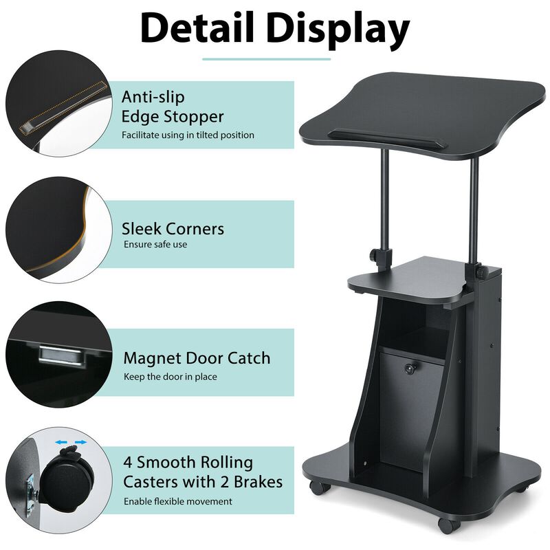 Adjustable Mobile Standing Desk Cart with Tilt Desktop and Cabinet