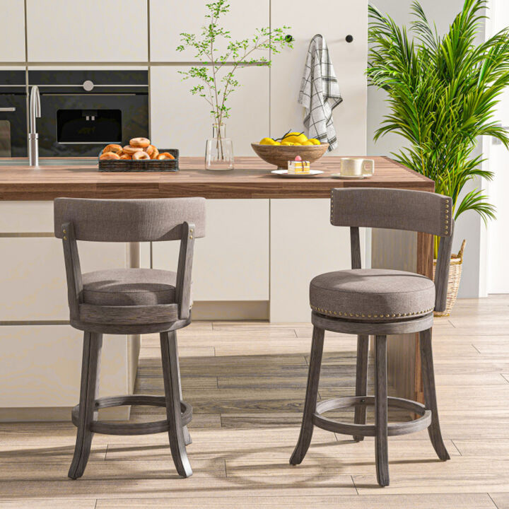 Set of 2 Counter Height Chairs with 360° Swivel Seat and Rubber Wood Frame