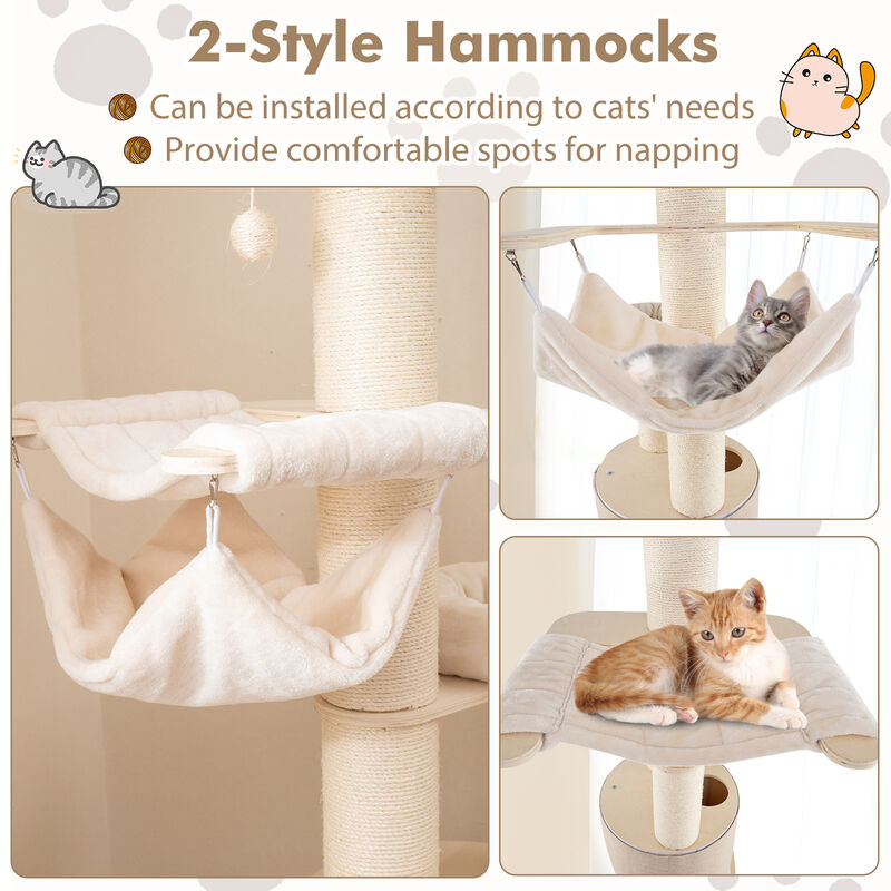 Tall Wooden Cat Tower Tree with 2-Story Cat Condo and Washable Cushions