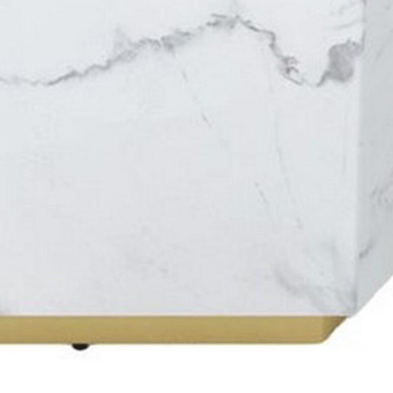 Hexi 35 Inch Coffee Table, Hexagonal, White Marble Design, Gold Base - Benzara