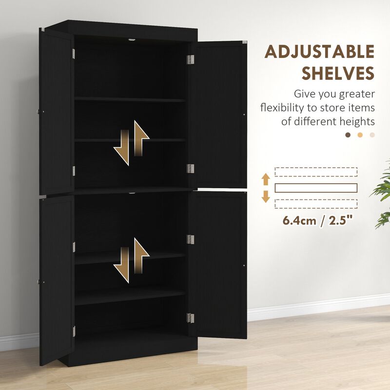 72" Black Freestanding Kitchen Pantry: Doors, Shelves, Food Storage