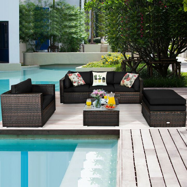 6 Pcs Patio Rattan Furniture Set with Sectional Cushion