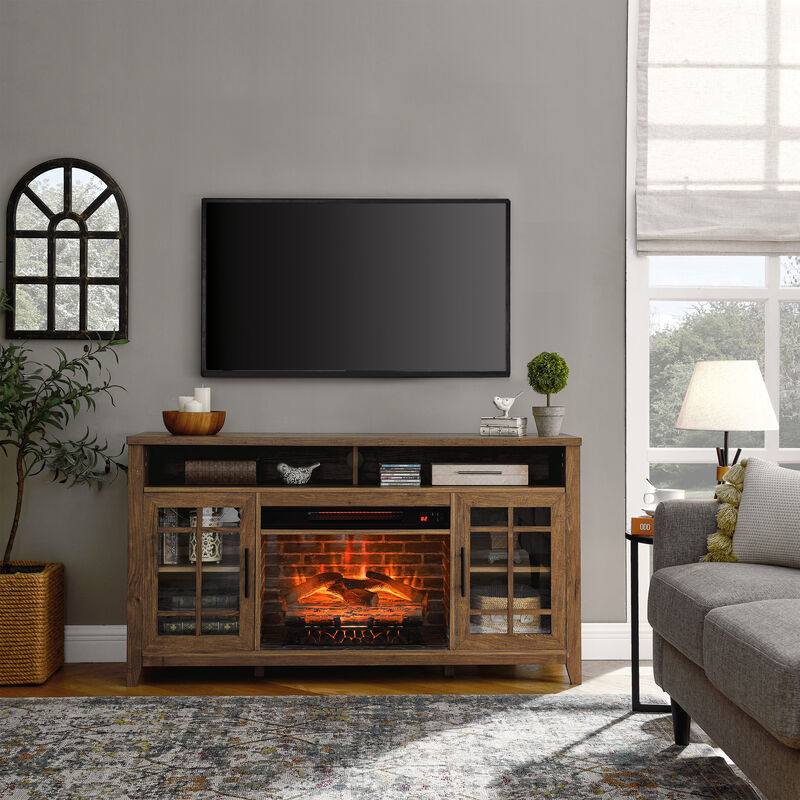 TV Media Stand with Electric Fireplace, KD Inserts Heater in Reclaimed Barnwood Finish