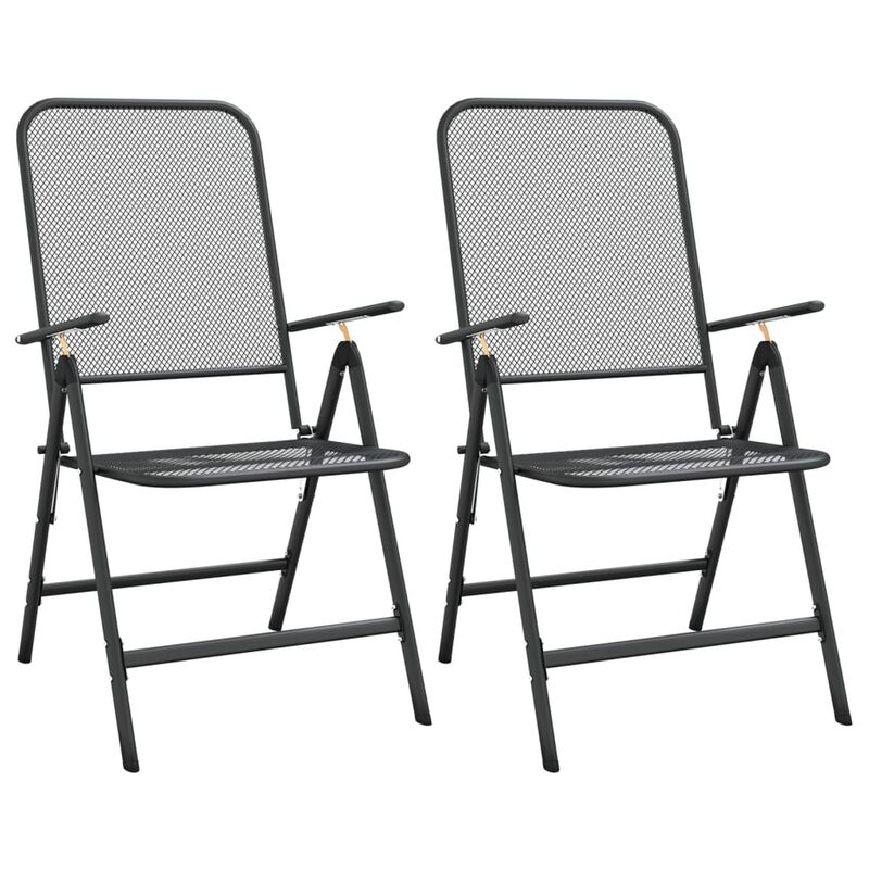 Troy 3pc Outdoor Foldable Dining Chair and Table Set, Mesh Gray Metal - Benzara