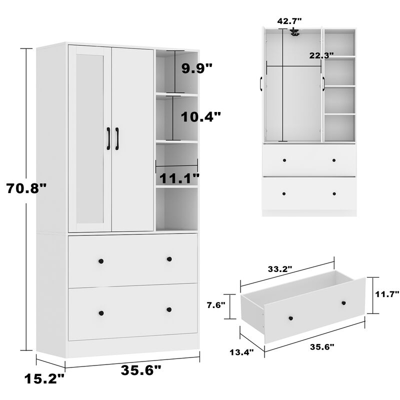 White Wood 35.5 in. W Armoires Wardrobe With Mirror, Pulling Hanging Rod, Drawers, Shelves 15.8 in. D x 70.8 in. H
