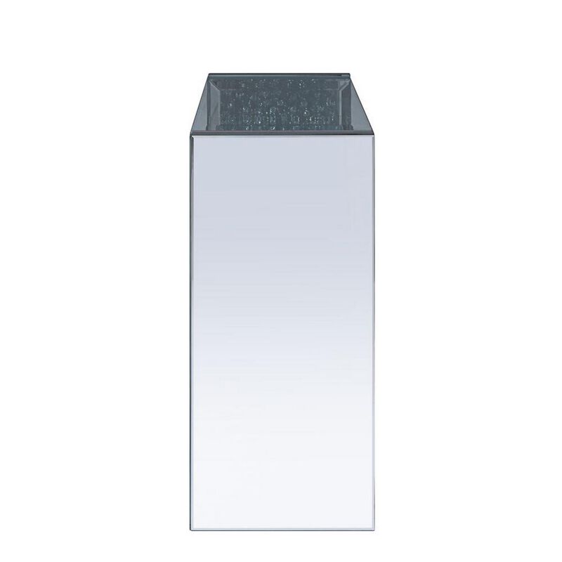 Wood and Mirror Sofa Table with Studded Faux Crystals, Clear-Benzara