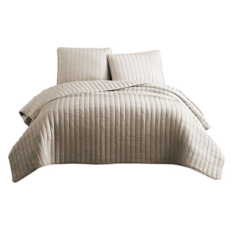 3 Piece Crinkles King Size Coverlet Set with Vertical Stitching, Brown-Benzara